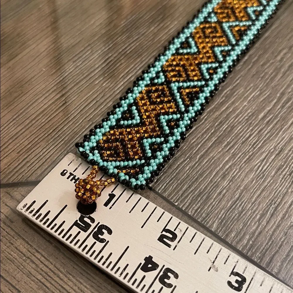 Miyuki Boho Beaded Bracelet – Turquoise & Amber Geometric Pattern Peyote Stitch